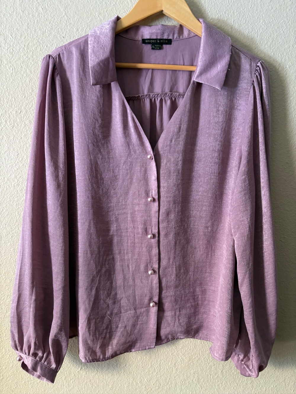 Cooper & Ella Lavender Button Front Blouse XL Long Sleeve Gathered Top